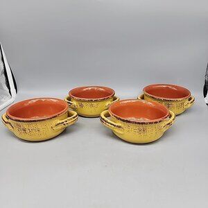 Set 4 Bowls De Silva Soup Bowls Yellow Terra Cotta Glazed Handles Made In Italy